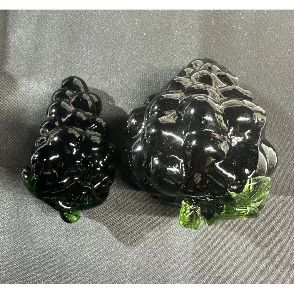 Vintage Dark Purple Glass Grape Clusters Set of 2 Red Glow Green Leaves Decor
